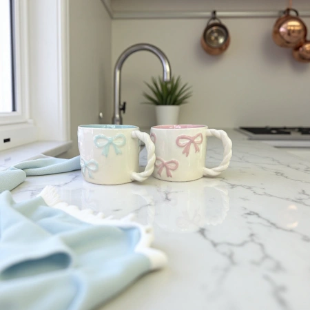 White ceramic cups with bow decoration and twisted rope handles, ceramic cups, water cups and mugs White ceramic cups with bow decoration and twisted rope handles, ceramic cups, water cups and mugs